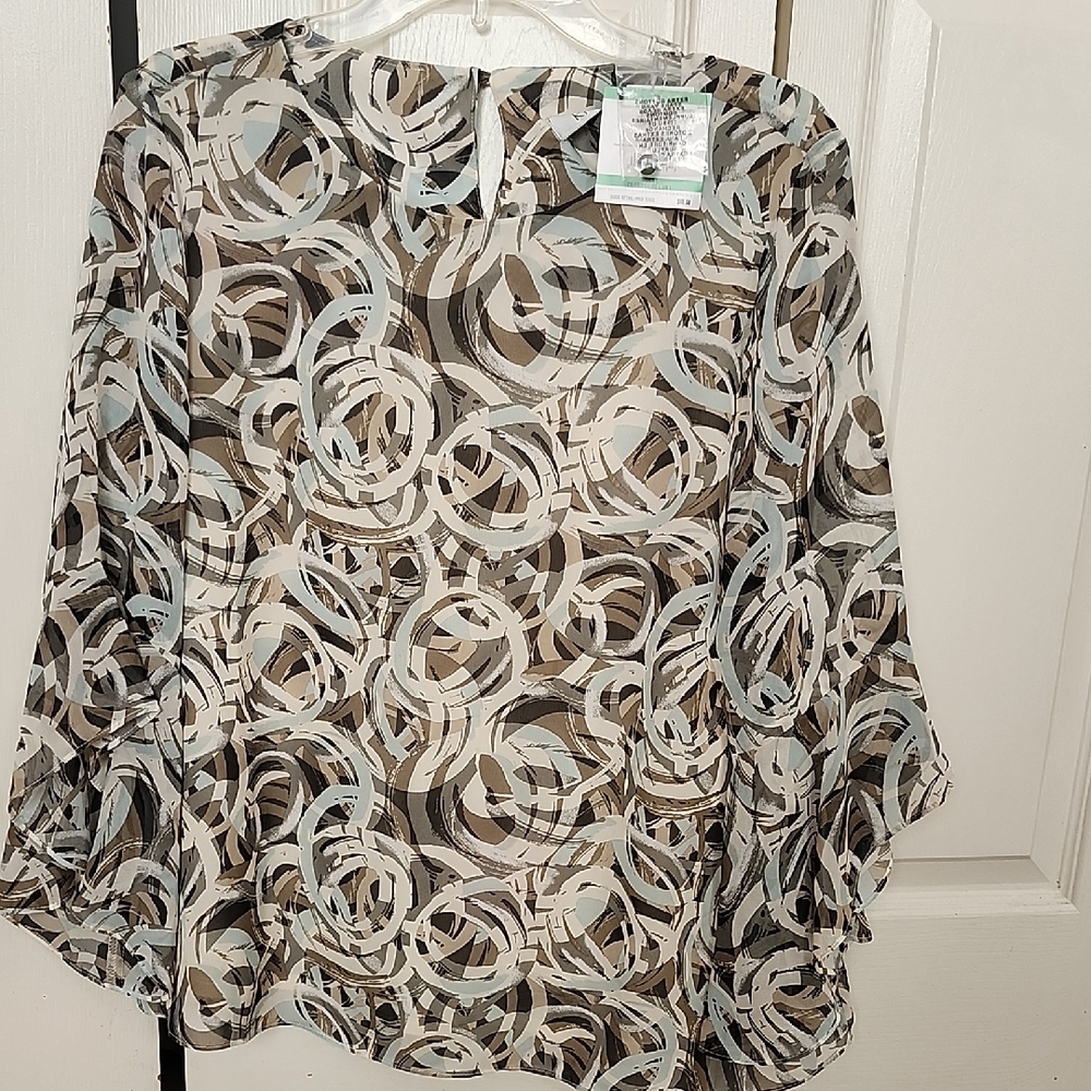 Kasper Sheer Abstract Circle Print Blouse in Black, White & Tan